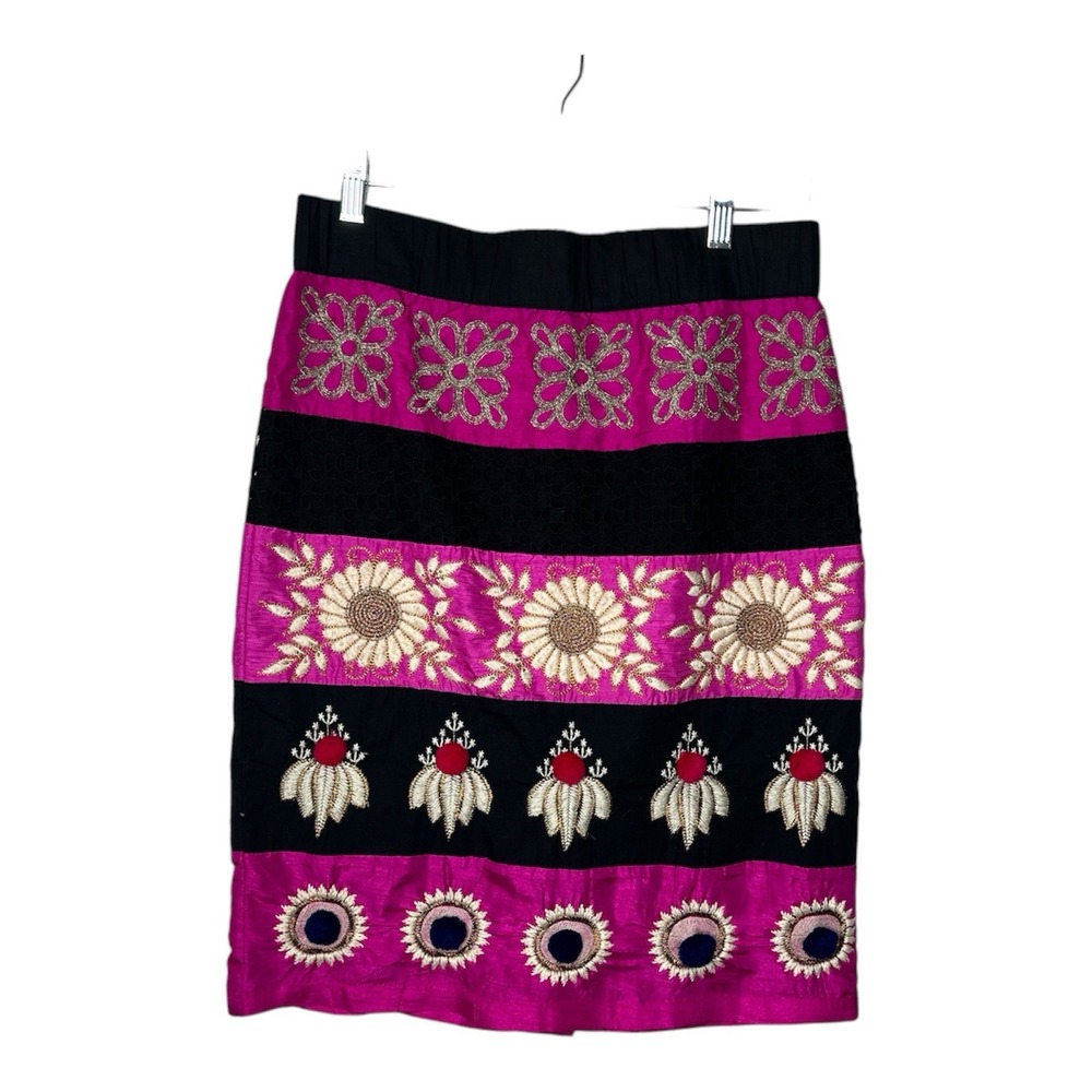 Leifsdottir Womens Size 6 Skirt Embroidered Pink Black‎ Boho Festival Silk Blend